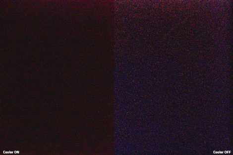 The left side of this image was captured with the sensor cooler turned on, while the right side had it turned off.